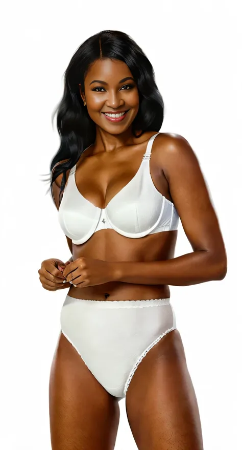 ((masterpiece, best quality)), ((49 year old)), (((Curvy))), ((Black woman with long black hair)), in white bra, ((white  cotton panties)), smiling, (((photo realistic)))