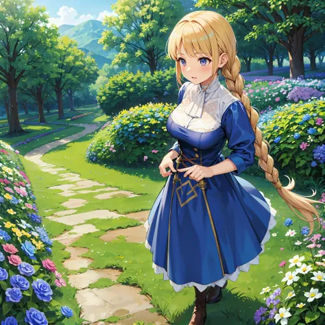 Grown-up girl, with blond hair braided, in a blue medieval dress, walking through a flower field 