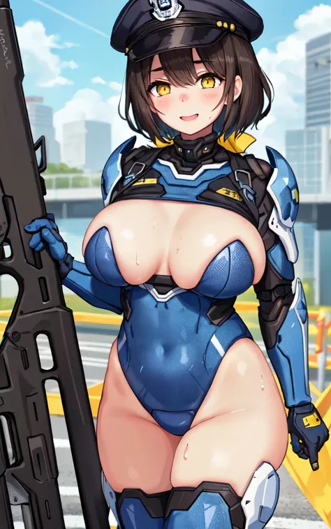  (close、16k、highest quality、Attention to detail、Rich skin details),Female police officer、 Huge breasts, Sweat, Outdoor, ((Browsing Caution、navy blue sci-fi suit、navy blue protector)),Cyborg Girl、Yellow Eyes、Bobcut、Police hat、Black Hair ,  ((blush))、(Wide H...