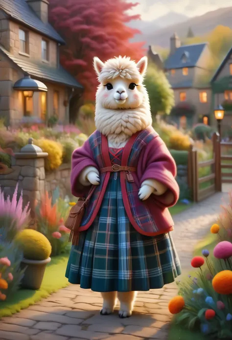 painting style, vibrant colors, dreamy atmosphere, layered composition, intricate details, cozy village background,(Cute alpaca，Dressed in Scottish clothing，Stylish
), soft texture, cozy atmosphere, peaceful garden backdrop, vibrant colors, warm lighting