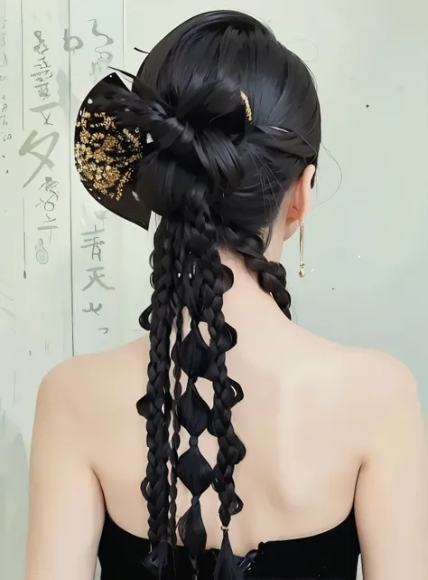 A girl，Back to camera，Hair tied into many braids，Photorealism，masterpiece，best quality，high quality，Fine details，Clear focus，4 k，1girl， 1 Girl，美丽的Face， Face， Divine goddess， Ultra-high resolution，（Reality：1.4），（beautiful girl：1.4），（Urzang-6500-v1.1：0.3）