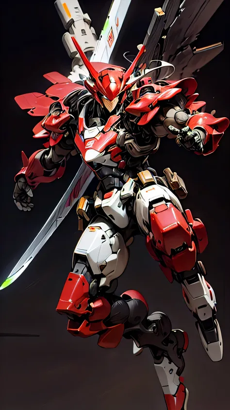 1mecha robot, Red Armor, Black Wing, Holding Black Mecha Sword, Black Background, absurdres, high detailed, high res, ultrasharp, 8K, masterpiece, photorealistic, High quality, cinmatic lighting, masterpiece.