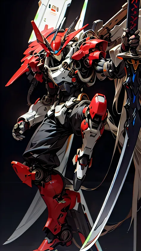 1mecha robot, Red Armor, Black Wing, Holding Black Mecha Sword, Black Background, absurdres, high detailed, high res, ultrasharp, 8K, masterpiece, photorealistic, High quality, cinmatic lighting, masterpiece.