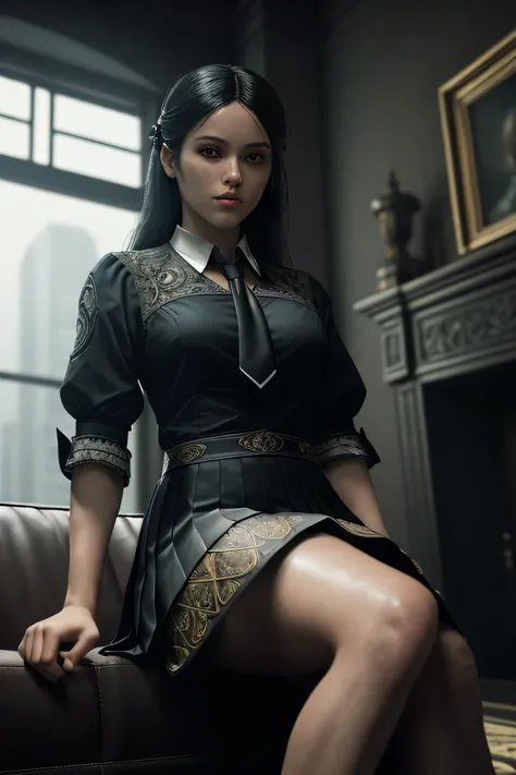 (masterpiece), (extremely intricate:1.3), (realistic), a girl, (dark fantasy, gore), (dynamic perspective), the most beautiful in the world, (kick viewers lightly), indoors, from below, shirt, tie, pleated skirt, smirk, sitting on the couch, Aomori, Haifa,...