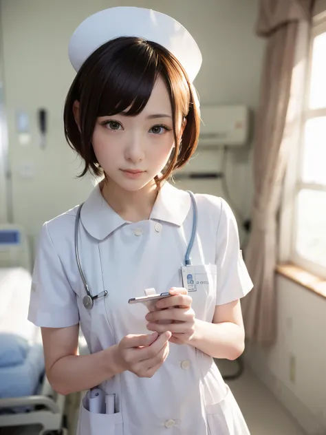 1 girl,(wearing white nurse clothes:1.2),(raw photo, highest quality), (realistic, photo-realistic:1.4), masterpiece, very delic...