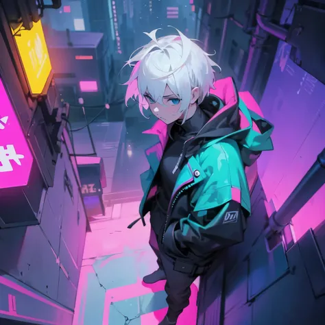{Boy}, {white hair},{short hair},{hansome} ,{wearing cyberpunk hoodie}, {full body angle view}, {neon lights},{on top of a building},{clear},{definite},{intelligible},{unequivocal},{perceptible},{manifest},{limpid} {unmistakable},{noticeable},{unblurred},{...