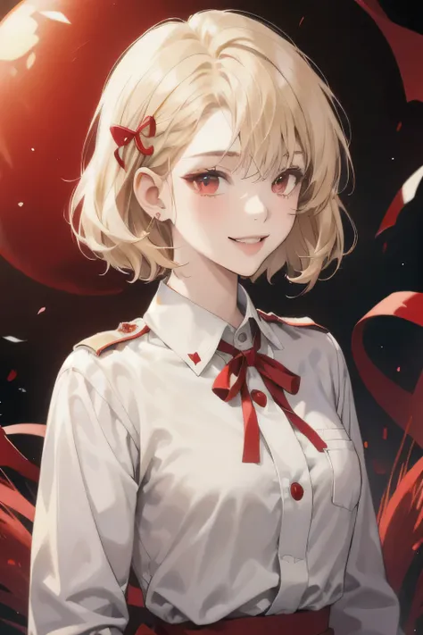 1girl, light blonde hair, fluffy medium-short hair, bangs, 1_slim_red_ribbon on left hair, red eyes, {Round eyes}, rounded Eyelids, Brilliant smile, collared shirt, red and grey Military highschool dress, Fuller face, nishikigi_chisato, lycoris_recoil