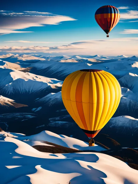 hot air balloon, floating over snowy mountains, ultra detailed, high quality, 8k resolution, zoom out, angle from above