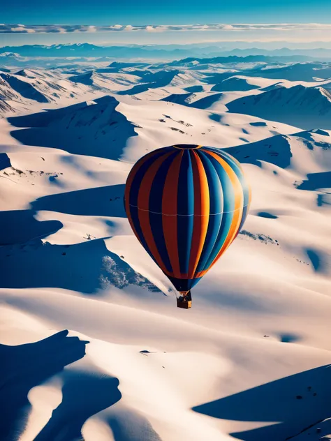 hot air balloon, floating over snowy mountains, ultra detailed, high quality, 8k resolution, zoom out, angle from above