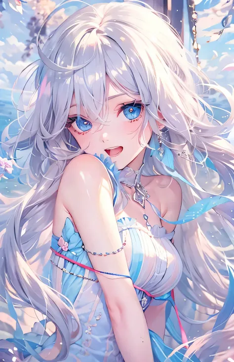 ((highest quality)), ((masterpiece)), (Get used to it), Perfect Face , Adult female , Ariel , Long and beautiful silver hair , Beautiful light blue eyes , in the beautiful sea ,