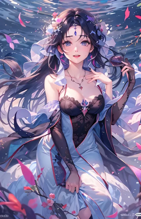 ((highest quality)), ((masterpiece)), (Get used to it), Perfect Face , Adult female , Ariel ,  Long and beautiful black hair , Beautiful purple eyes , in the beautiful sea ,