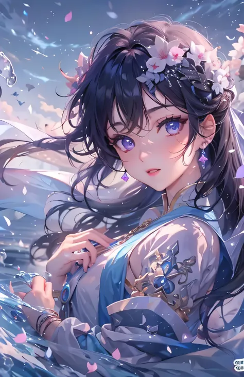 ((highest quality)), ((masterpiece)), (Get used to it), Perfect Face , Adult female , Ariel ,  Long and beautiful black hair , Beautiful purple eyes , in the beautiful sea ,