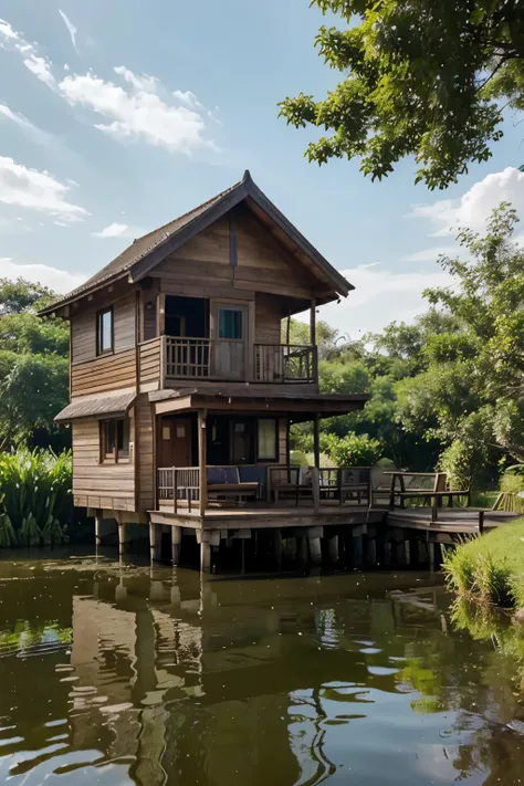 The image shows a serene scene of a small house situated on a wooden platform in the middle of a lush rice field. The house is elevated on stilts, giving it a quaint and rustic feel. Surrounding the house are vibrant green plants and grass, adding to the p...