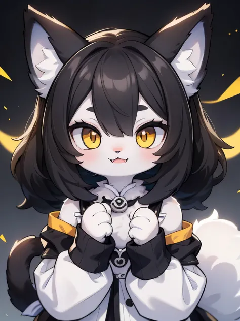 furry girl cute cat, black and white body fur, black face, white chin, yellow eyes, white paws, big ears, sharp fangs, head hair...