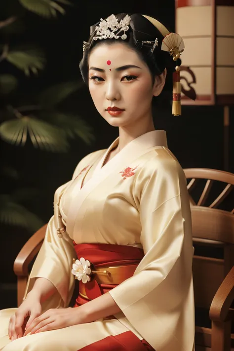 Japan, 1931. A young ((((24-year-old)) Mameha)), elegant, refined, graceful, intelligent, regal features, high cheekbones, serene, ((((geisha clothings from the 1930s)))), ((geisha hairstyle of the 1930s)), color