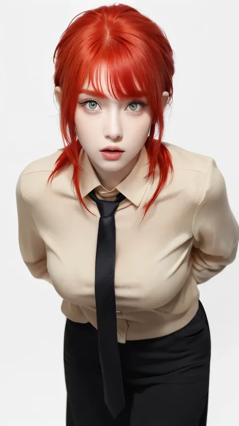 anime character with red hair and a tie standing in front of a white background, she has red hair, with red hair, (photorealistic), (masterpiece), yellow pupils