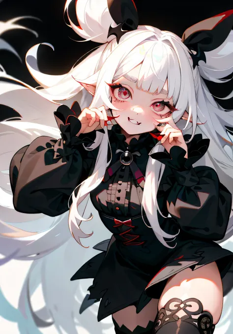 1GIRL, cute girl, finely detailed, (best quality), (intricate details), cute style, vampire style, vampire girl, multicolored, ((long messy white hair)), best quality, ((black puffy long sleeve dress)), ((vampire clothes)), ((thigh high socks)), ((round ey...