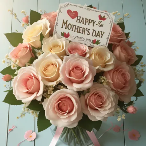 there is a bouquet of flowers with a happy Mothers day sign on it, Mother, your Mother, abcdefghijklmnopqrstuvwxyz, 3 4 5 3 1, Surrealism, ❤🔥🍄🌪, 🎀 🗡 🍓 🧚, shutter, Mother, 1614572159