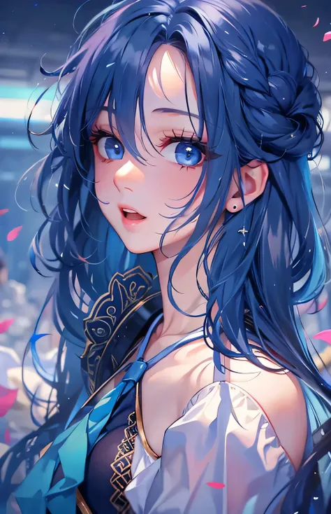 ((highest quality)), ((masterpiece)), (Get used to it), Perfect Face , Adult female , Ariel ,  Long, beautiful dark blue hair , beautiful dark blue eyes , in the beautiful sea ,