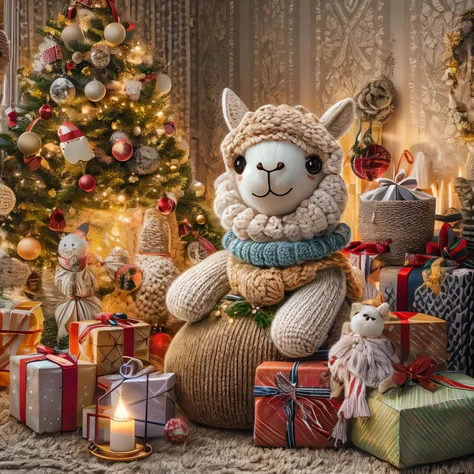 (la best quality,high resolution,ultra detailed,practical),cute knitted alpaca，in the room，smiley face，christmas decoration，surr...