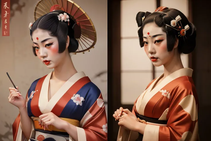 Japan, 1929. A young ((((25-year-old)) Hatsumono)), beautiful, cunning, voluptuous figure, full lips, sultry demeanor, ((angry expression)), ((((geisha clothings from the 1920s)))), ((geisha hairstyle of the 1920s)), color