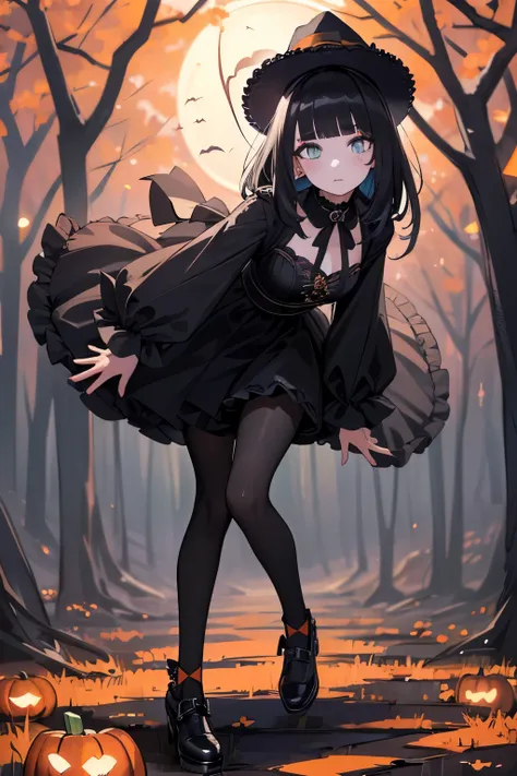 (8K, best quality, master piece: 1.2), super high resolution,1 girl,ultra-detailed face,detailed eyes,halloween makeup,false lashes,dark blush,expressionless,(spring scene, Halloween:1.2),bowl cut hair,blunt bangs,straight hair,black hair,full body,dynamic...