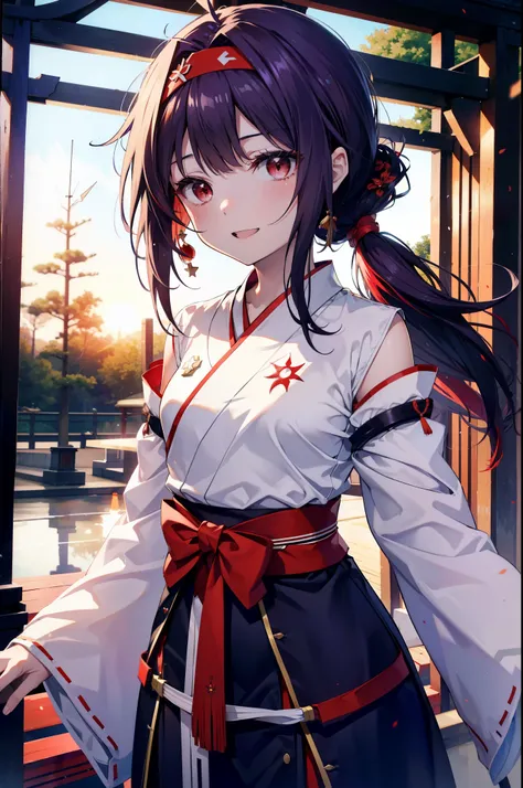 yuukikonno, Konno Yuuki, hair band, Long Hair, Pointed Ears, Purple Hair, (Red eyes:1.5), (Small breasts:1.2), Open your mouth,
happy smile, smile, Open your mouth,Platycodon grandiflorum,Miko, White Kimono,Purple Hakama Kimono, Wide sleeves, Long sleeve, ...