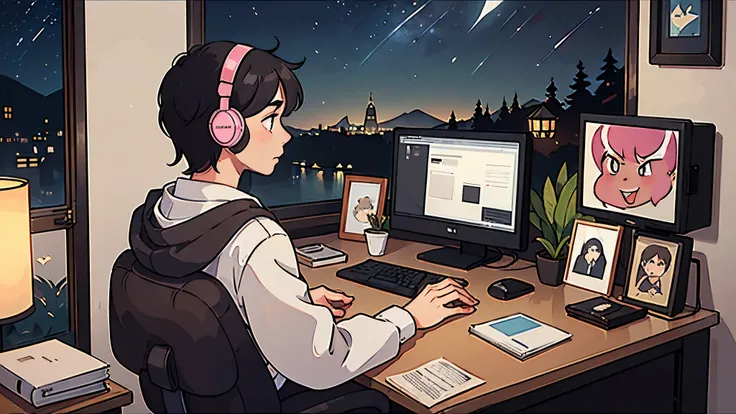 25-year-old boy with headphones, using the computer, in a calm and relaxed environment, with short black hair, it is night, you can see a landscape full of stars, a masterpiece, at night, very detailed and outlined background, very clear image , wooden des...