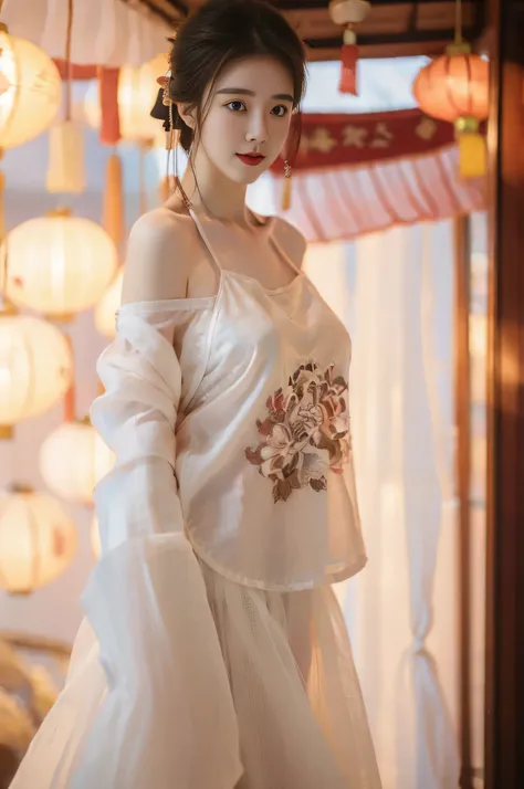 1 girl,(best quality, masterpiece:1.2), Super detailed,Solo selfie,off shoulder dress,Chinese Princess, (Pink belly pocket) ( Hanfu:1.3, ),Vision,Background Bokeh