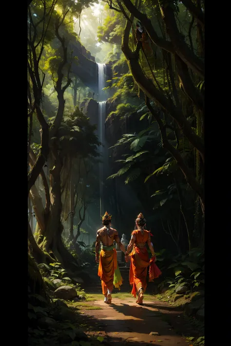 Picture a serene and tranquil scene in a dense forest, where Lord Rama and Sita Devi are taking a leisurely walk. The suns rays filter through the canopy, casting dappled light on the forest floor. Deers graze in the undergrowth, their ears perked up, as t...