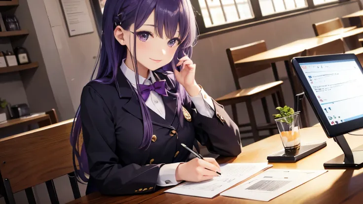 Cafe、Concentrate on your studies、write notes、girl１people、uniform、evening、Purple Hair、cute