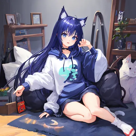 indigo hair、Full-body portrait、front、Cat ear、hoodie、One girl、An illustration