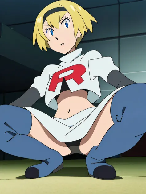 Persona3Aigis ,glossy lips, light makeup ,team rocket,team rocket uniform, red letter R, white skirt,white crop top,black thigh-high boots, black elbow gloves,squatting,black panties,from below