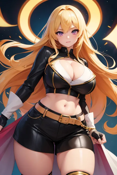 {anime girl} with long blonde hair, she has {pink eyes}, she has a curvy body with big breast and a big butt, she is wearing a very {skimpy yellow fantasy outfit} that shows most of her skin, she is exposing her thighs, cleavage and midriff. she is not wea...