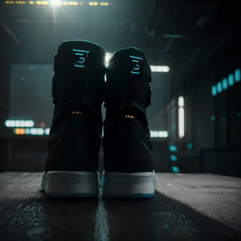 product photography of a cybepunk sneakers, epic render, octane, atmosphere, particles, soft volumetric lights, (backlit:1.3), (cinematic:1.3), intricate details, (ArtStation:1.3)