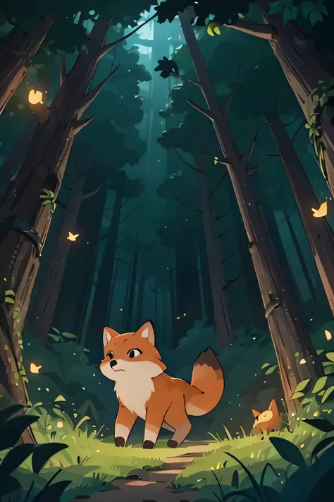 A little fox is walking in the forest at night surrounded by many fireflies