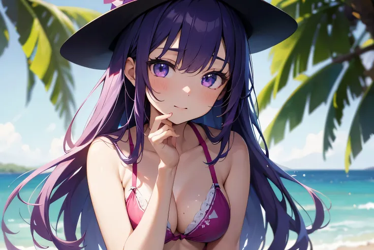 Cute anime girl, AI Hoshino, Oshi No Ko, at beach, legs inside water ,summer , big ,long purple hairs,open hairs,purple neon eyes, detailed eyes,summer cap rounded, wearing red bikini,white transparent cloth over body(transparent jacket or cloth or lingeri...