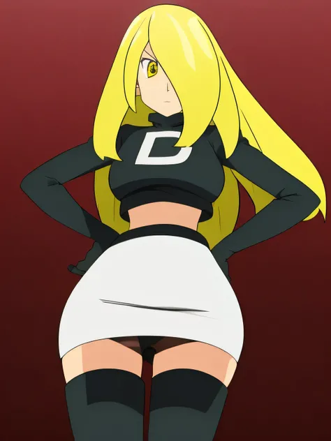 8k, masterpiece,highres,very large breast, team rocket uniform, red letter r, white skirt,white crop top,black thigh-high boots, black elbow gloves, glaring angrily, looking down at viewer, hands on hips, cowboy shot, zettai ryouiki,from below, black panti...