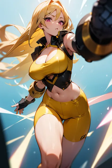 {anime girl} with long blonde hair, she has {pink eyes}, she has a curvy body with big breast and a big butt, she is wearing a very {skimpy yellow fantasy outfit} that shows most of her skin, she is exposing her thighs, cleavage and midriff. she is not wea...