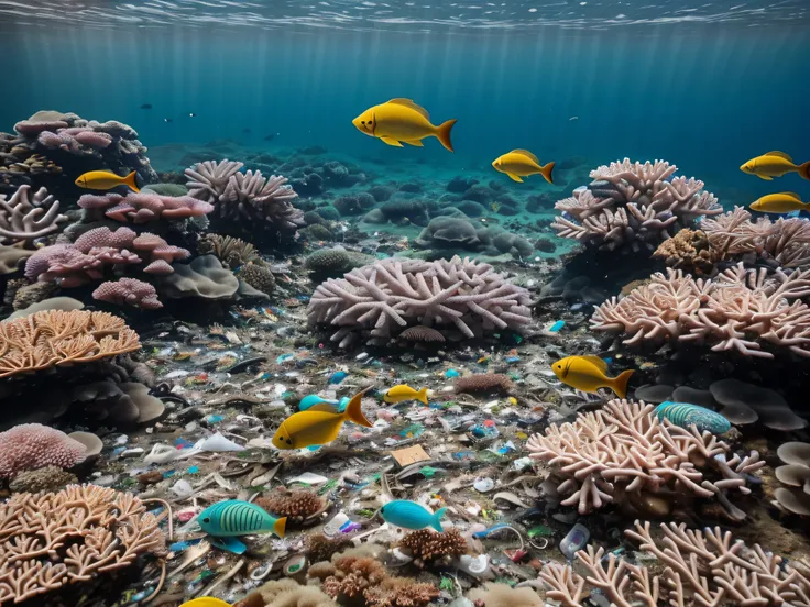 (There are a large number of various types of discarded plastic garbage in coral reefs:1.5), causing widespread death of coral reefs,Fish feed in dead coral reefs,Wide angle lens, National Geographic style underwater photography,no person