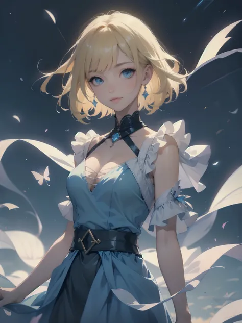 Masterpiece, Top Quality, High Resolution, Super Dimensional Face, Cute Eyes, Very Beautiful Girl in Long Blue Dress Anime Character, One Beautiful Girl, Long Dress, Solo, Blue Dress, (Bob-cut Hair:1.1), Amber Eyes, Gazing, Blonde Hair, ((Hair Fluttering i...