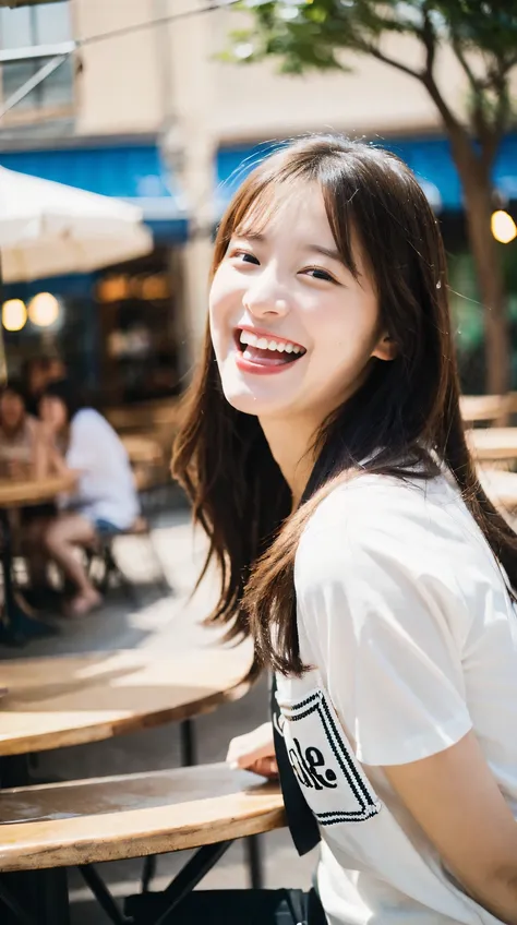 (Raw photo, highest quality), (K, highest quality, masterpiece: 1.2), Super detailed, super resolution, a beautiful girl, (huge Laughing:1.1), (open mouth:1.1), (wide open eyes), at Cafe