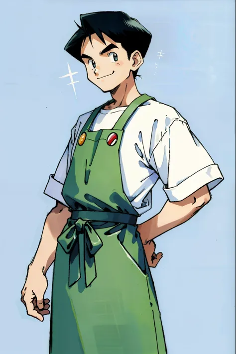 by Ken Sugimori, sugimori 1990s, ((only 1man)), shop clerk, white shirt, green apron, smiling ((hands behind their back)), full black pupils, manga, best quality, highly detailed, clean lines, cowboy shot, good hands, good eyes, hd, 8k, professional, symme...