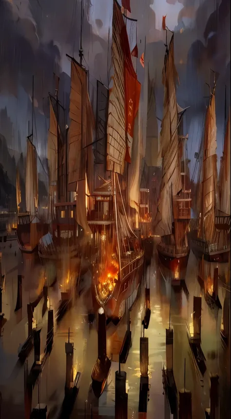 A painting of a fleet of ships at anchor in the harbor, Burning Ships, Ships fighting at night, author：Li Di, ship on fire, Epic naval battle, Floating Chinese satire, Beautiful rendering of the Tang Dynasty, author：Li Kan, author Wen Boren, An ancient cit...