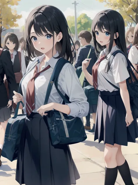 One girl, spring, high school, , warm colours, schoolbag, accurate and very detailed background, crowd of schoolgirls in uniform with various body shapes and hairstyles, cute.