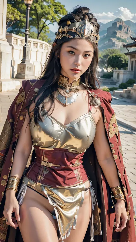 ((Realistic, cinematic, epic, Masterpiece: 1.3)), (raw photo:1.2), Hyperrealist portrait gorgeous Beautiful Chinese tribal female warriors, 30 years old, beautiful serious face, wrinkled face, beautiful detailed charming eyes, (pretty breasts: 1.1), ((trib...