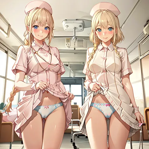 ((2 girls))、(smile:1.5)、Small breasts、（Cowboy Shot）、(fun!!)、(cardigan)、(Blonde)、(blush:1.4)、(Wearing white nurse clothes:1.8)、(single braid)、(Eye highlights:1.3)、, Rest indoors, ((Hospital room:1.5))、 BREAK while watching the audience、(Grab the skirt:1.0)、...