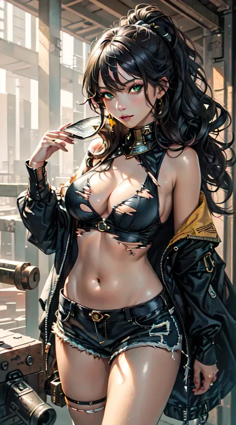 (Masterpiece, Best Quality, Details Shiny Skin: 1.2), Flawless, 8k, RAW, High Resolution, (1 Girl: 1.3), Realistic Textures, Torn Clothes, Ragged Clothes, Ultra Shorts, perfect big Breasts, Bare Shoulders, Belly Button, Areola, black Hair, Long Hair, Strai...