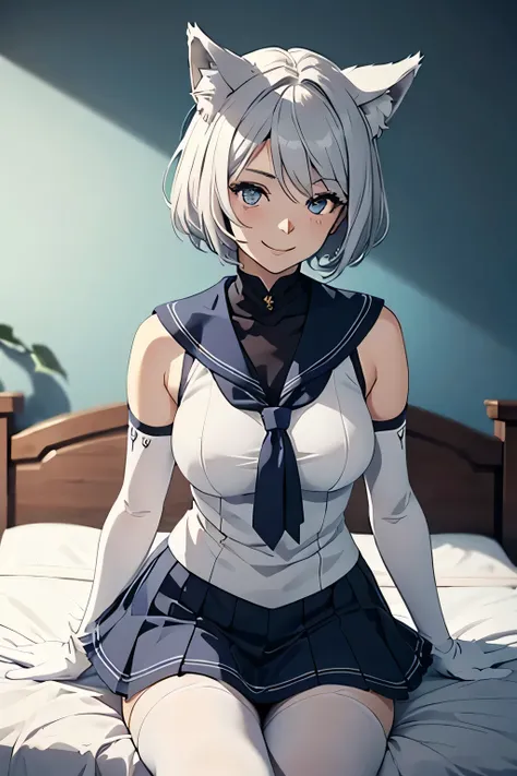 Tabletop　 Best image quality　wonderful　Attention to detail　One Young Woman（（Adult））Anime Style　White Sailor Suit（Sleeveless）　Navy blue mini skirt　Pure white gloves（Elbow Gloves）　White Pantyhose（Plain）　Wolf Ears　short hair（（Shortcuts）（Gray Hair）（Curly Hair）...