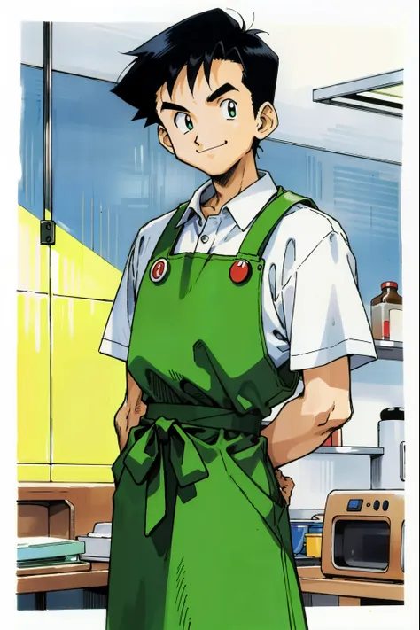 by ken sugimori, sugimori 1990s, ((only 1man)), shop clerk, white shirt, green apron, smiling ((hands behind their back)), full ...